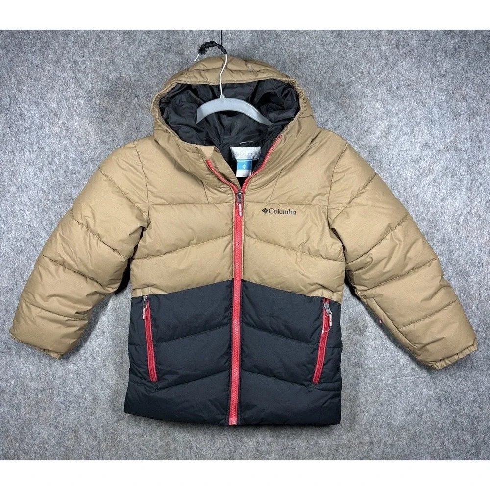 Columbia Boys Arctic Blast Jacket Youth Small 8 Tan Black Hooded Puffer Ski